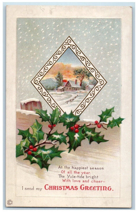 c1910's Christmas Greetings Holly Berries House Winter Embossed Antique Postcard