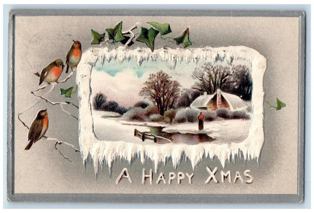 1910 Christmas Song Birds House Winter River Embossed Dexter NY Posted Postcard