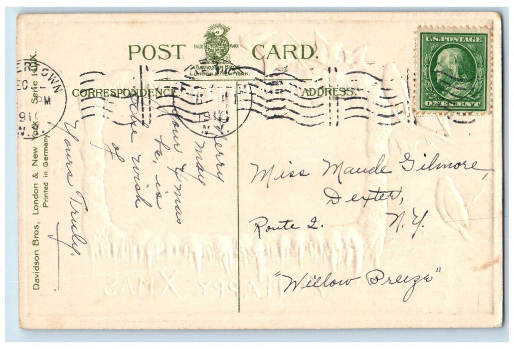 1910 Christmas Song Birds House Winter River Embossed Dexter NY Posted Postcard