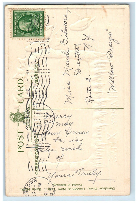 1910 Christmas Song Birds House Winter River Embossed Dexter NY Posted Postcard