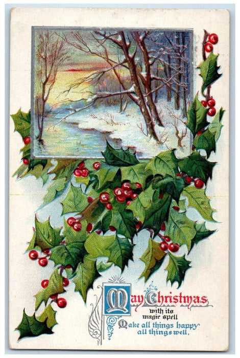1909 Christmas Holly Berries Winter River Embossed Dubuque Iowa IA Postcard