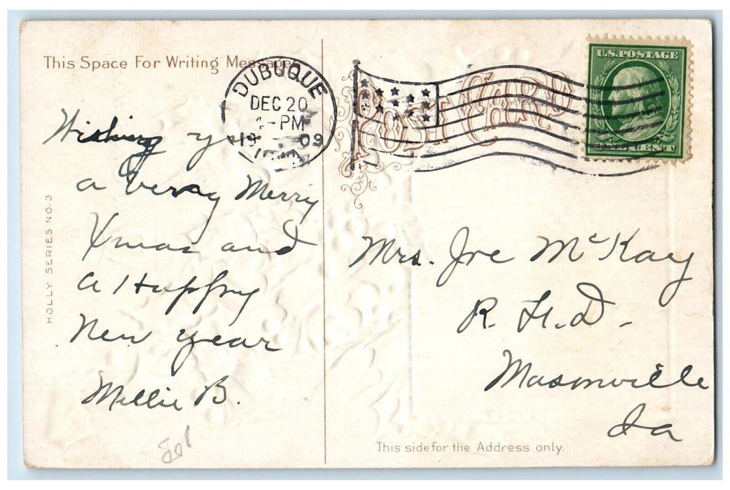 1909 Christmas Holly Berries Winter River Embossed Dubuque Iowa IA Postcard