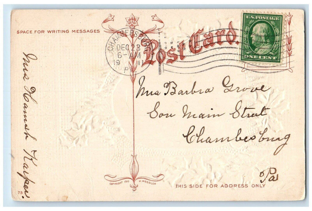 1911 Christmas Holly Berries Horse Winter Chambersburg Pennsylvania PA Postcard