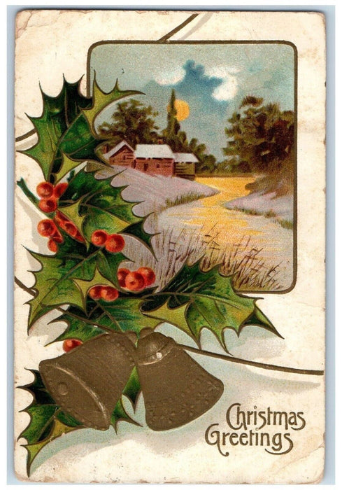 1908 Christmas Greetings Ringing Bells Holly Berries Winter Chicago IL Postcard