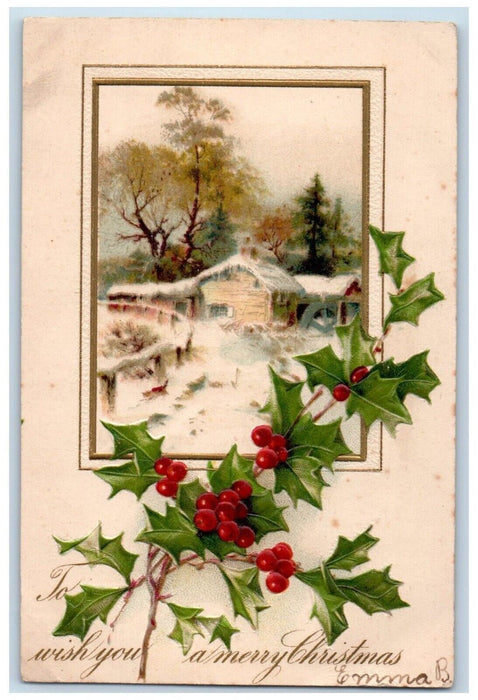 c1905 Merry Christmas Berries Winter House Embossed Nash Posted Antique Postcard