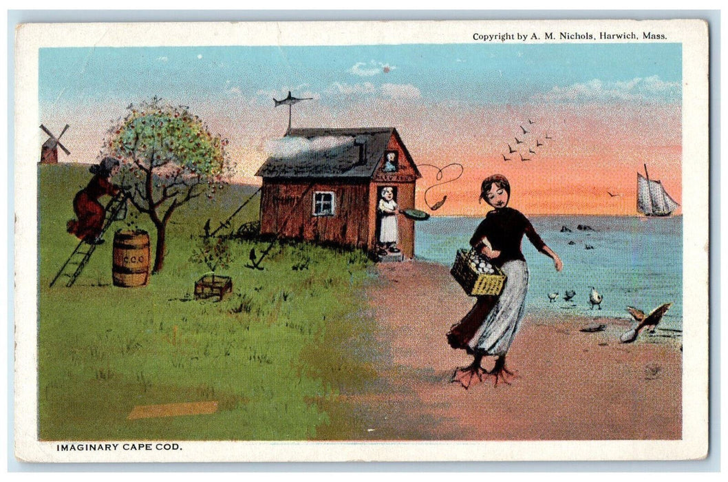 Imaginary Cape Cod Massachusetts MA, Lady Duck Sailboat Trees Scene  Postcard