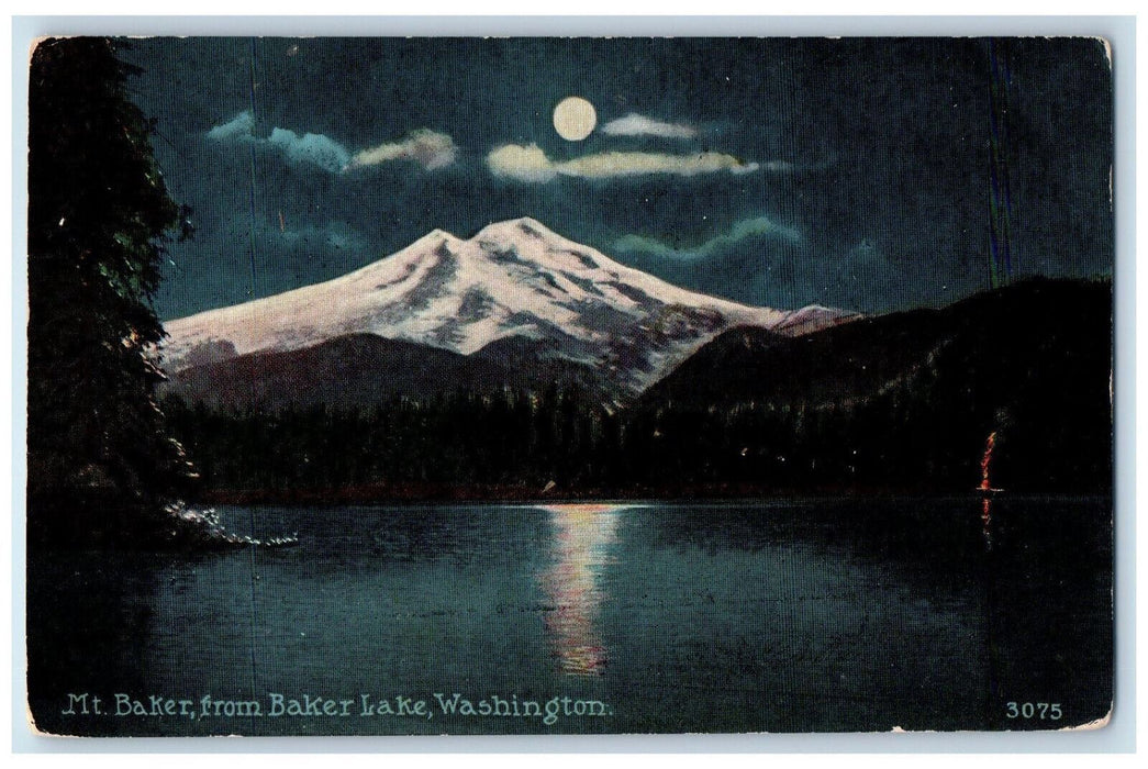 Mt. Baker Moon Night Scene From Baker Lake Washington WA Vintage Postcard