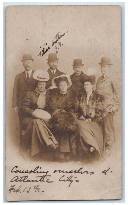 1906 Men Woman Bowler Hats Fur Hand Warmers Atlantic City NJ RPPC Photo Postcard