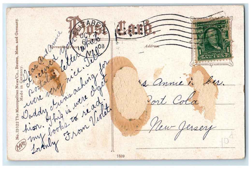 1908 Front View Of Public Library Elizabeth New Jersey NJ Antique Postcard