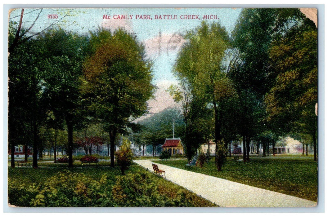 1909 Mc Camly Park Garden Tress Battle Creek Michigan MI Antique Postcard