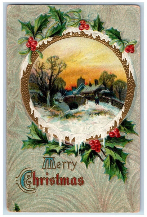 1910 Merry Christmas Berries Winter Bridge Embossed Philadelphia PA Postcard