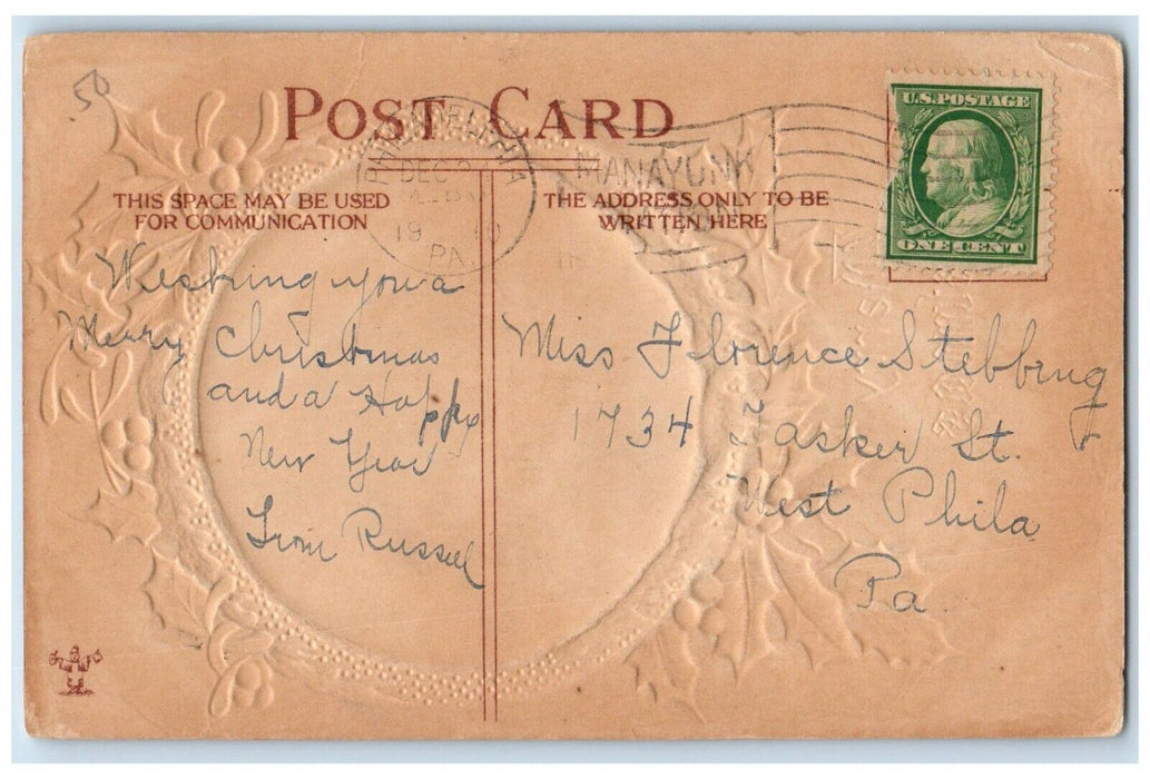 1910 Merry Christmas Berries Winter Bridge Embossed Philadelphia PA Postcard