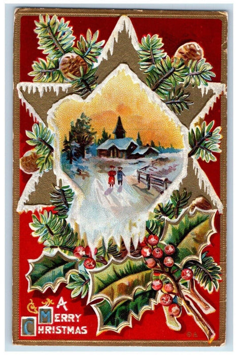 c1910's Merry Christmas Pine Cone Berries House Winter Embossed Antique Postcard