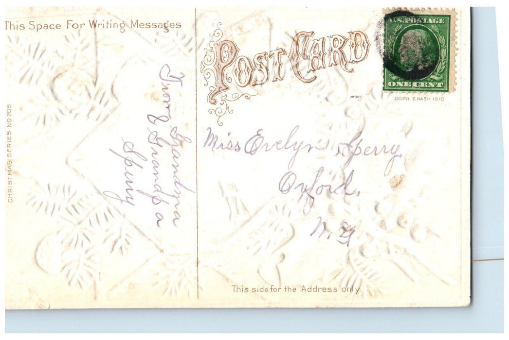 c1910's Merry Christmas Pine Cone Berries House Winter Embossed Antique Postcard