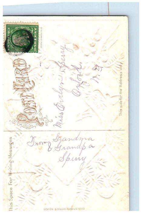 c1910's Merry Christmas Pine Cone Berries House Winter Embossed Antique Postcard