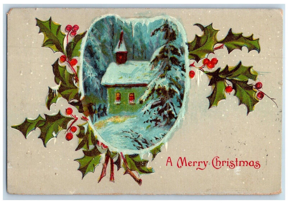 c1910's Merry Christmas Holly Berries Pine Trees House Winter Embossed Postcard