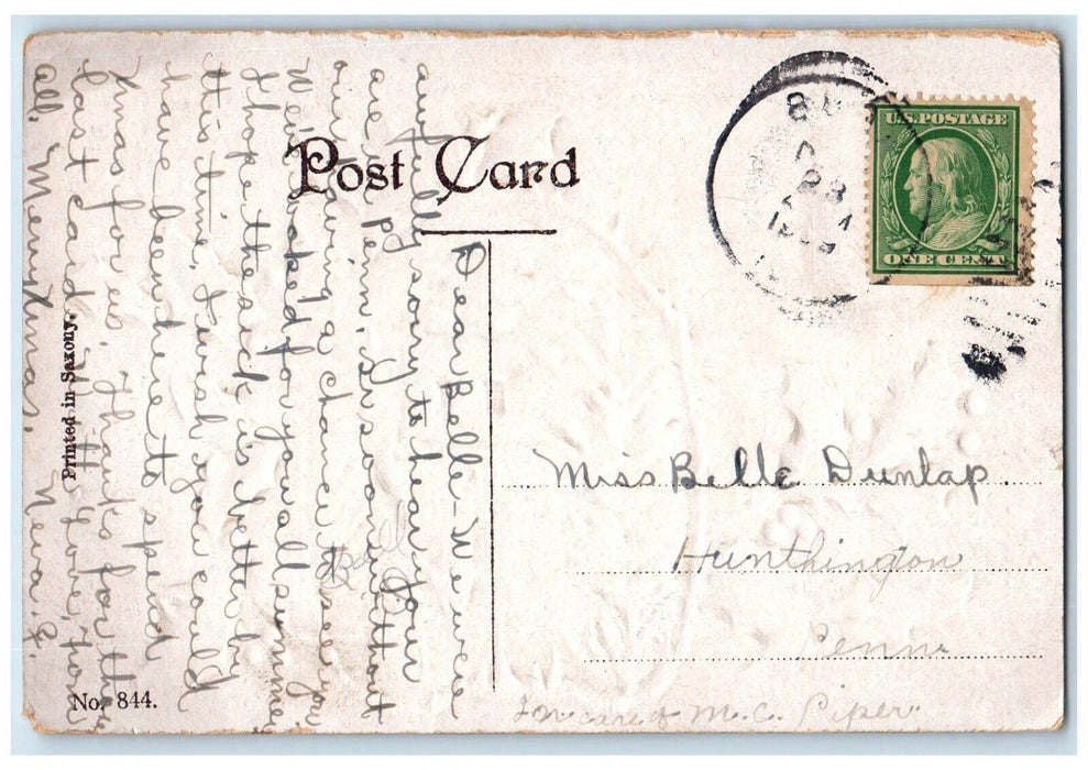 c1910's Merry Christmas Holly Berries Pine Trees House Winter Embossed Postcard
