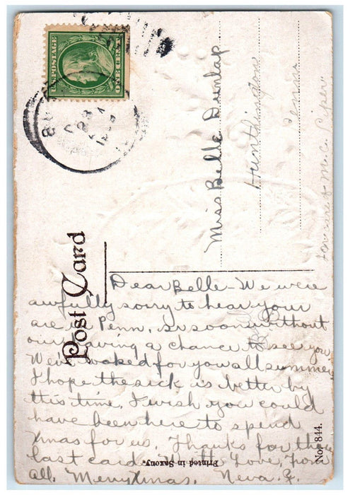 c1910's Merry Christmas Holly Berries Pine Trees House Winter Embossed Postcard