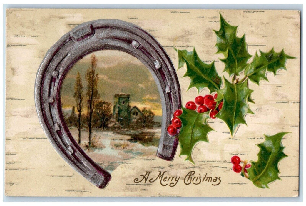 c1910's Merry Christmas Horseshoe Holly Berries Nash Embossed Antique Postcard
