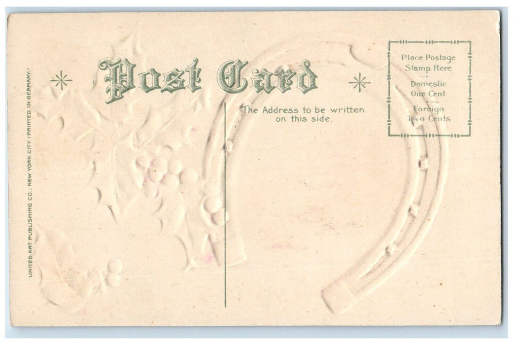 c1910's Merry Christmas Horseshoe Holly Berries Nash Embossed Antique Postcard