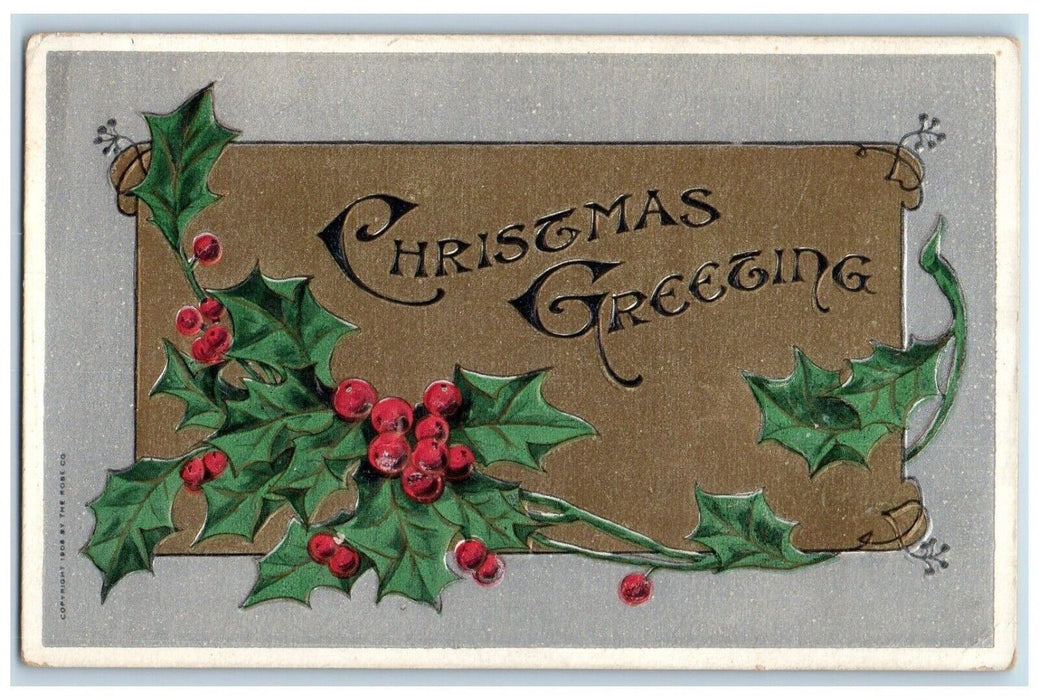 1912 Christmas Greetings Holly Berries Embossed Philadelphia PA Antique Postcard