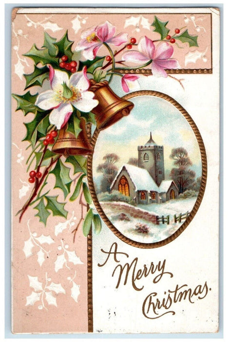 1909 Merry Christmas Ringing Bell Berries Flowers Church Winter Antique Postcard