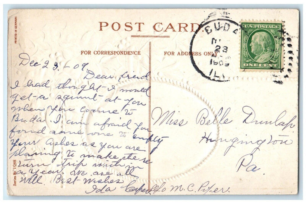 1909 Merry Christmas Ringing Bell Berries Flowers Church Winter Antique Postcard