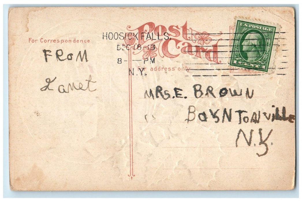 1913 Merry Christmas Holly Berries House Winter Moon Hoosick Falls NY Postcard