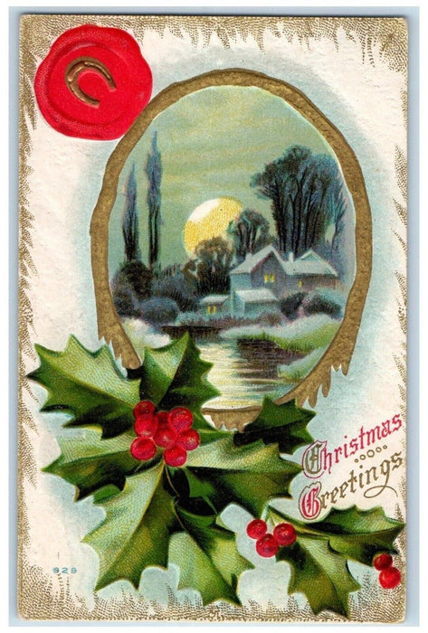 1912 Christmas Greetings Berries Horseshoe House Nash Morristown NJ Postcard