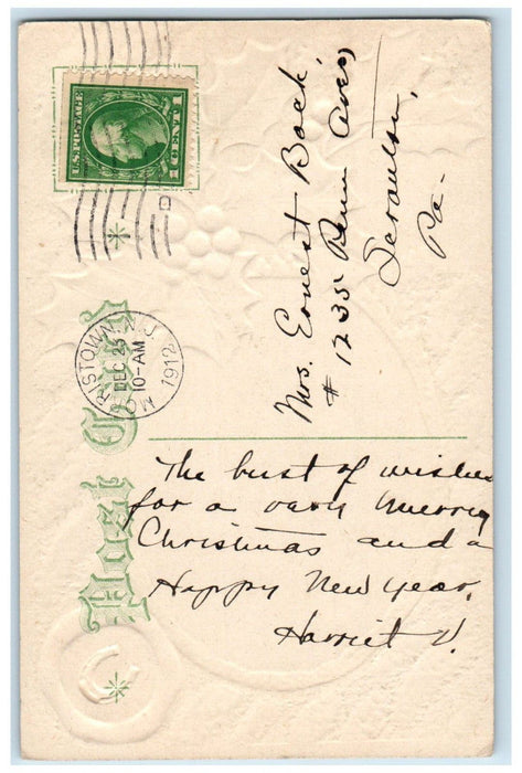 1912 Christmas Greetings Berries Horseshoe House Nash Morristown NJ Postcard