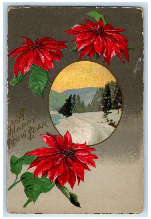 1910 Happy New Year Poinsettia Flowers Winter Winsch Back Embossed Postcard