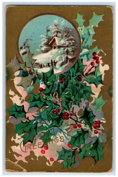 c1910's Christmas Greetings Holly Berries Winter Embossed Antique Postcard