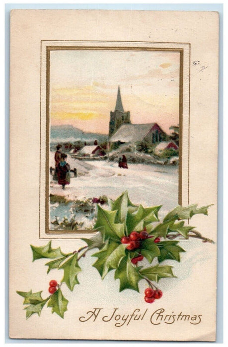 1909 Christmas Holly Berries Winter House Church Embossed Winsch Back Postcard