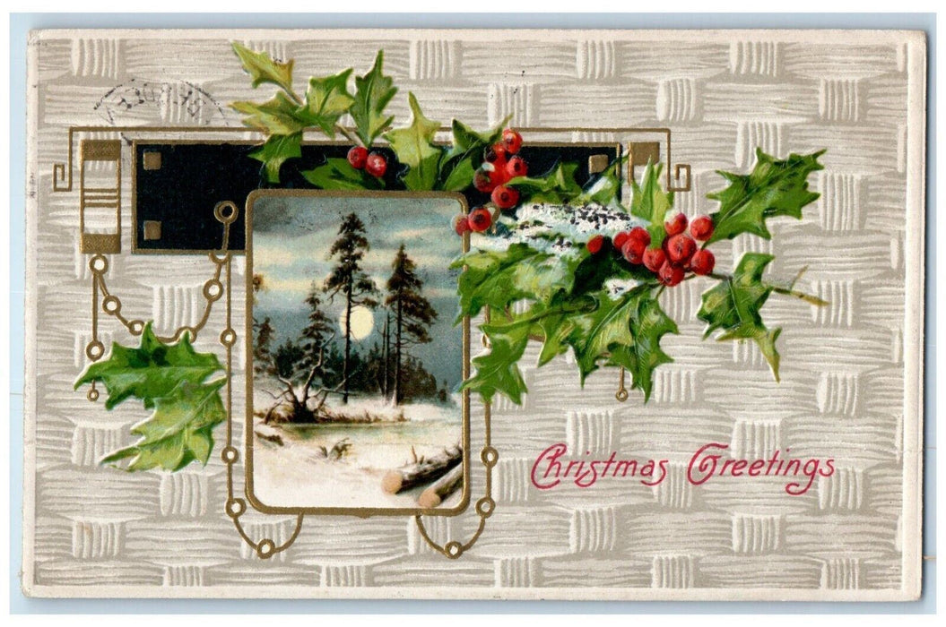 1908 Christmas Greetings Berries Winter Winsch Back Aberdeen Canada Postcard