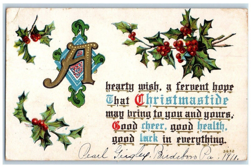 1911 Christmas Message Holly Berries Winsch Back Embossed Birdsboro PA Postcard