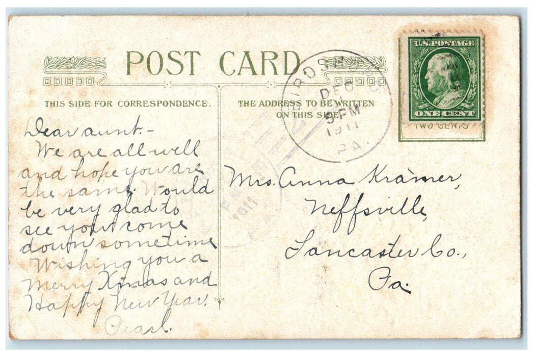 1911 Christmas Message Holly Berries Winsch Back Embossed Birdsboro PA Postcard