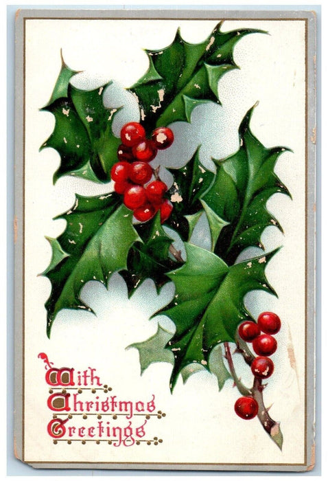 c1910's Christmas Greetings Holly Berries Tuck's Embossed Antique Postcard