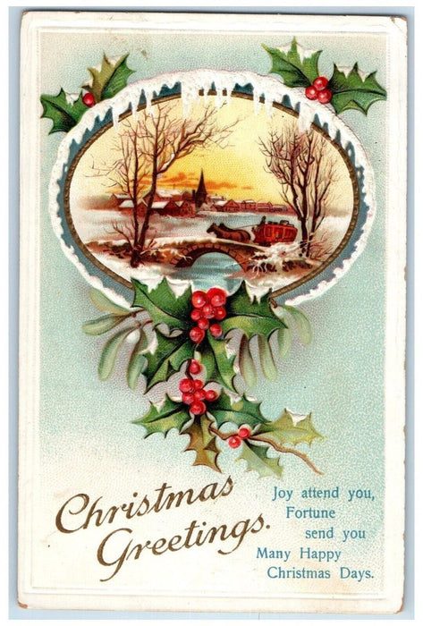 1911 Christmas Greetings Berries Mistletoe Horse Carriage Clapsaddle Postcard