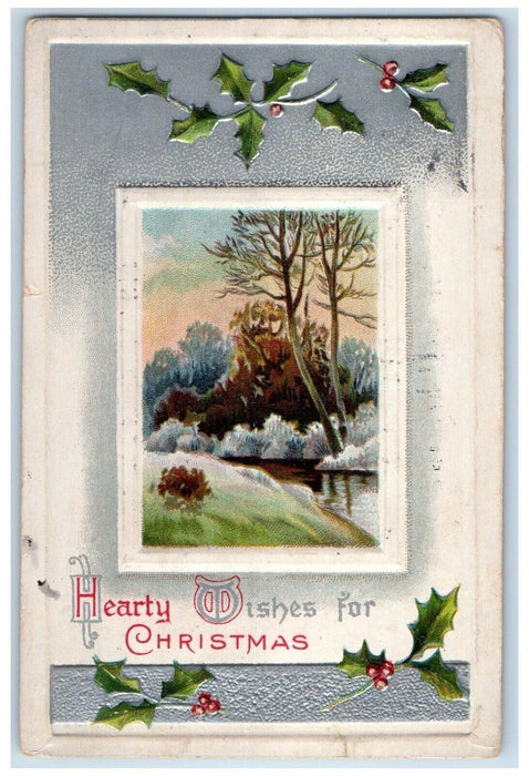 1910 Christmas Holly Berries Winter Trees And River Embossed Antique Postcard