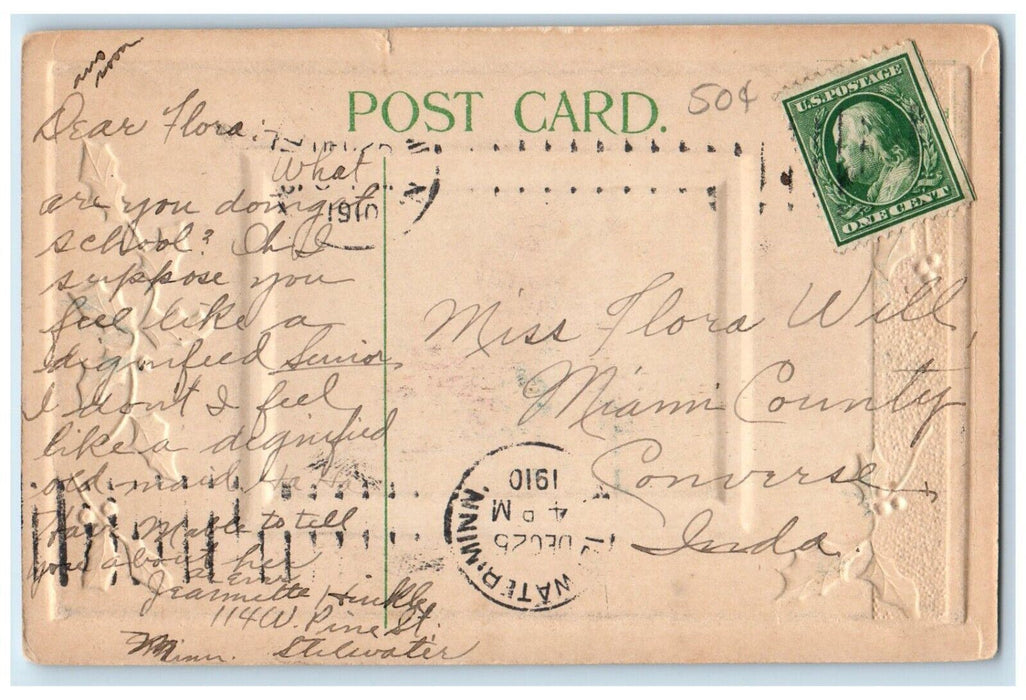1910 Christmas Holly Berries Winter Trees And River Embossed Antique Postcard