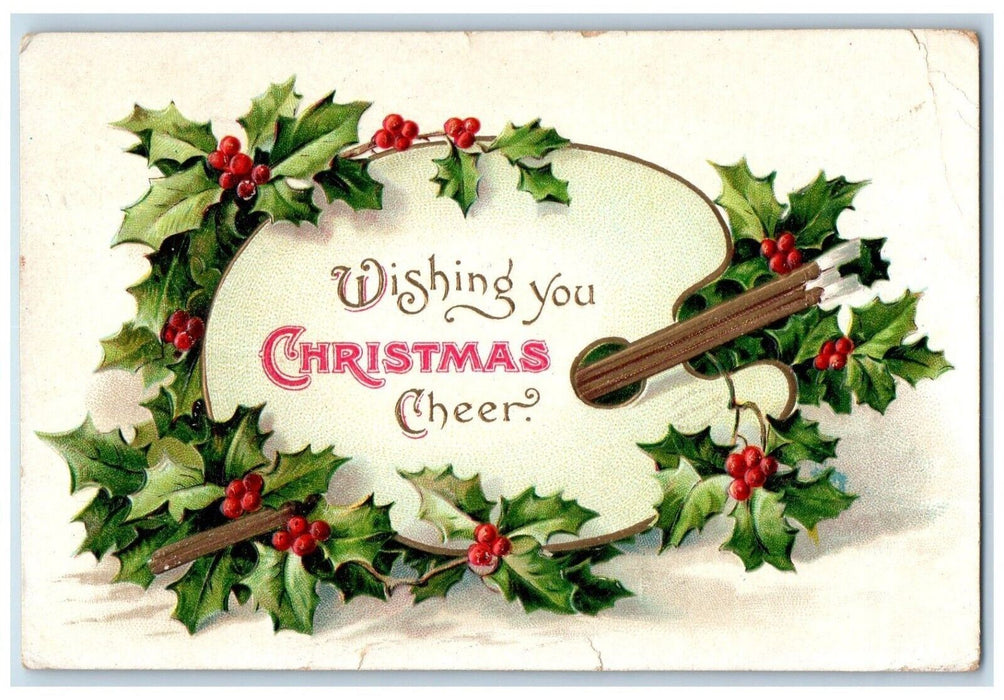 1909 Christmas Holly Berries Paint Brush Embossed Edmeston NY Antique Postcard