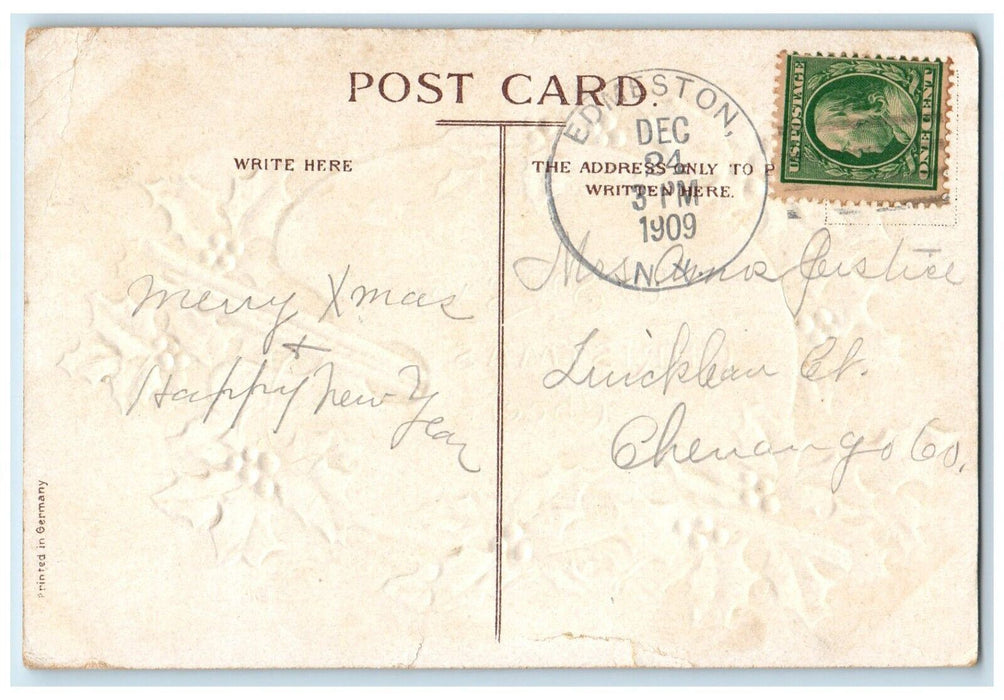 1909 Christmas Holly Berries Paint Brush Embossed Edmeston NY Antique Postcard