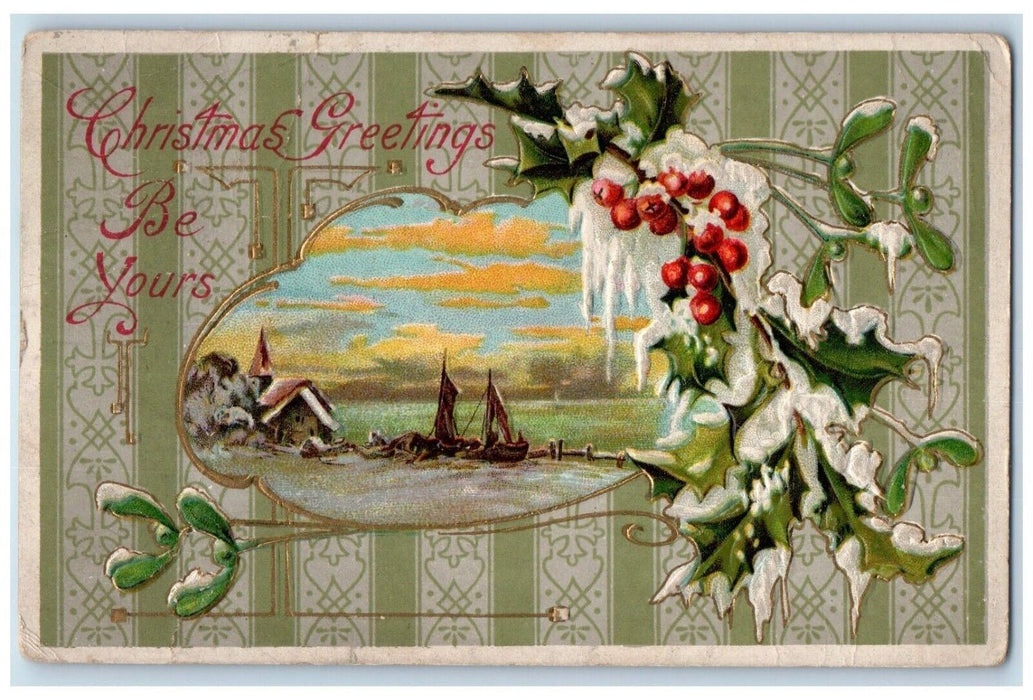 1913 Christmas Greetings Holly Berries Mistletoe House Boat Napoleon OH Postcard