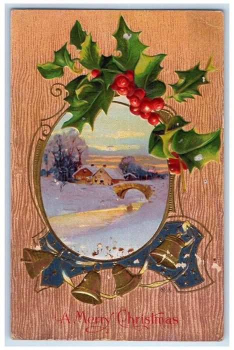 1914 Christmas Ringing Bells Holly Berries House Bridge Winter Nash Postcard
