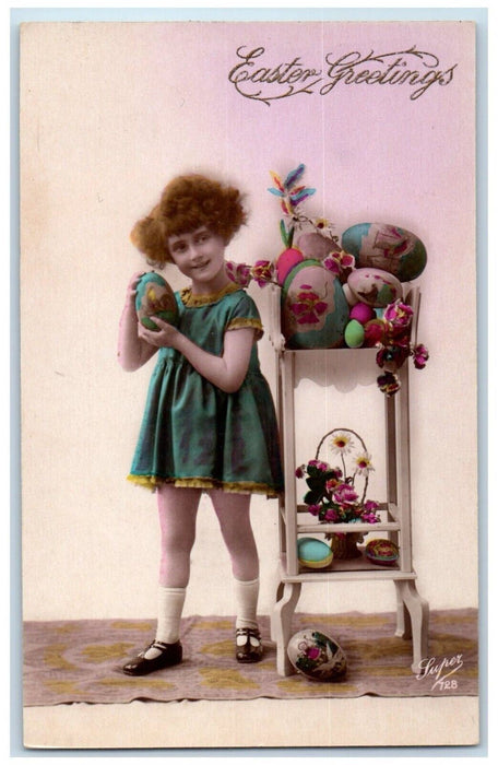 Easter Greetings Little Girl With Eggs Paint Daisy Flowers RPPC Photo Postcard