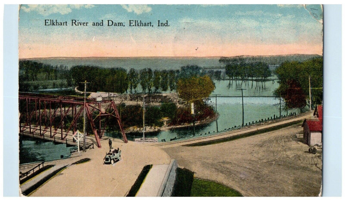 1914 Bird's Eye View Of Elkhart River And Dam Elkhart Indiana IN Posted Postcard