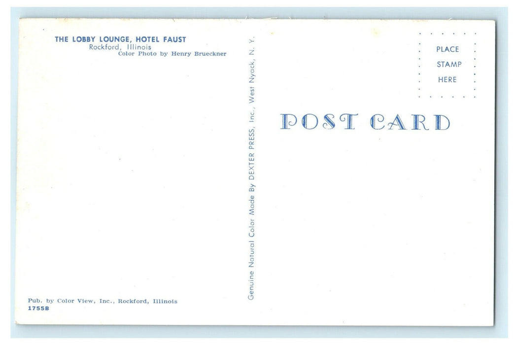 1950 The Lobby Lounge, Hotel Faust, Rockford, Illinois IL Postcard