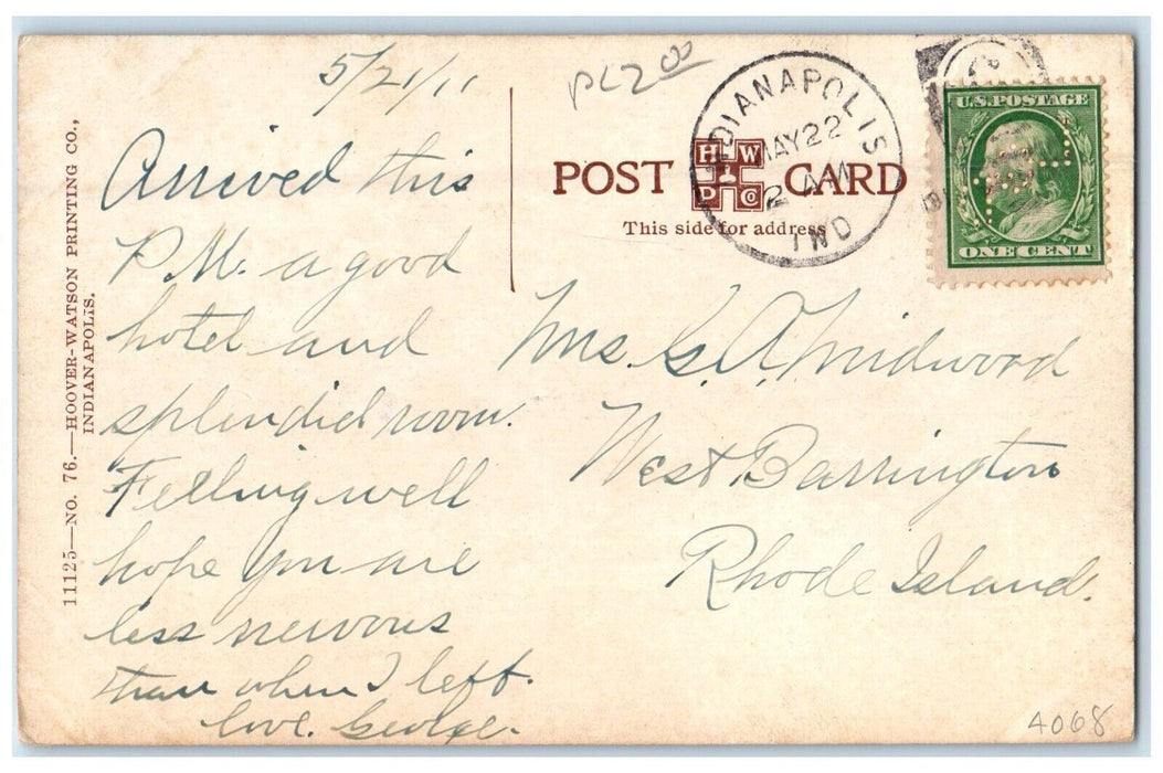 1911 Atrium Claypool Hotel Indianapolis Indiana IN Posted Antique Postcard