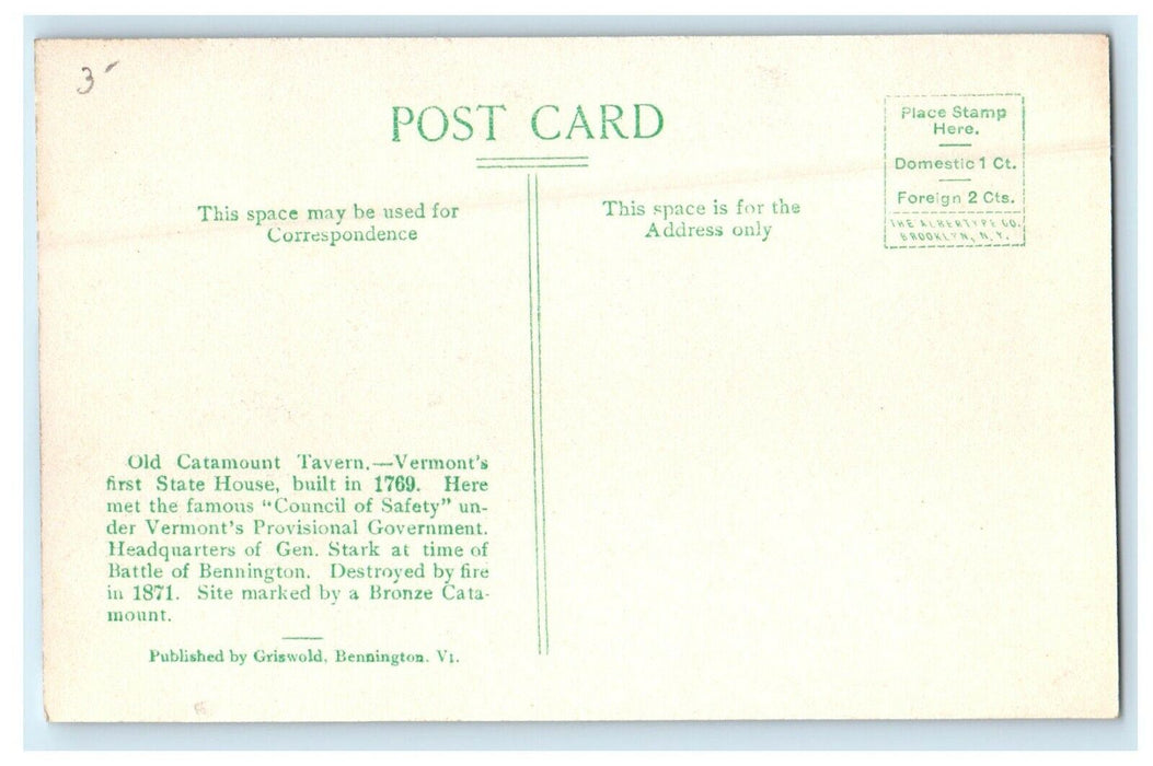 1912 Old Catamount Tavern, Bennington, Vermont VT Antique Postcard