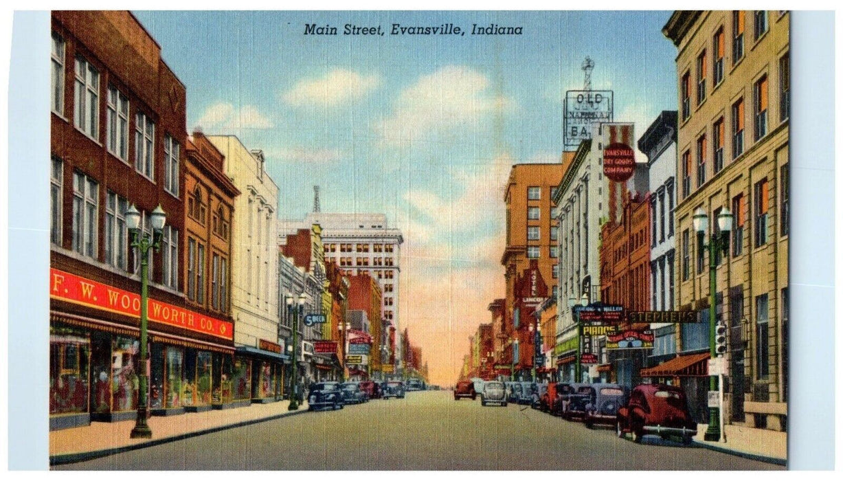 c1950's A View Of Main Street Cars Evansville Indiana IN Vintage Postcard